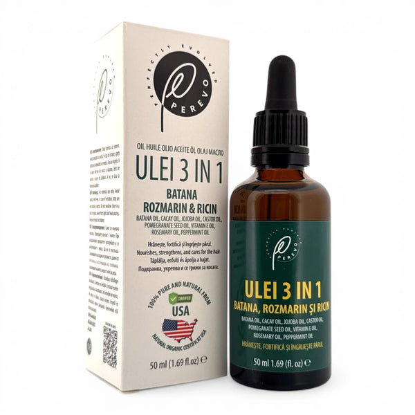 Flacon si cutie Ulei 3 in 1 Batana Rozmarin si Ricin Perevo 50 ml