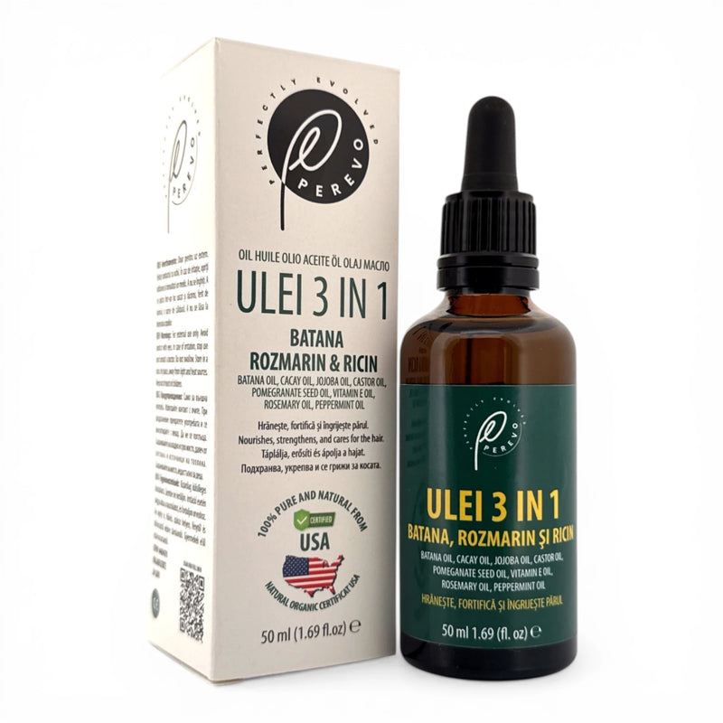Flacon si cutie Ulei 3 in 1 Batana Rozmarin si Ricin Perevo 50 ml
